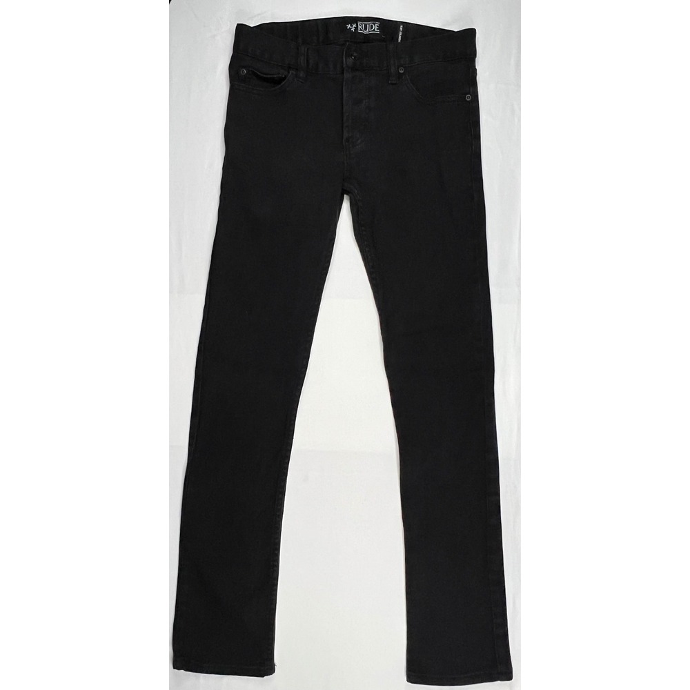 Rude Mens Slim Straight Black Jeans 28x32 Button Fly Stretch Denim 301261